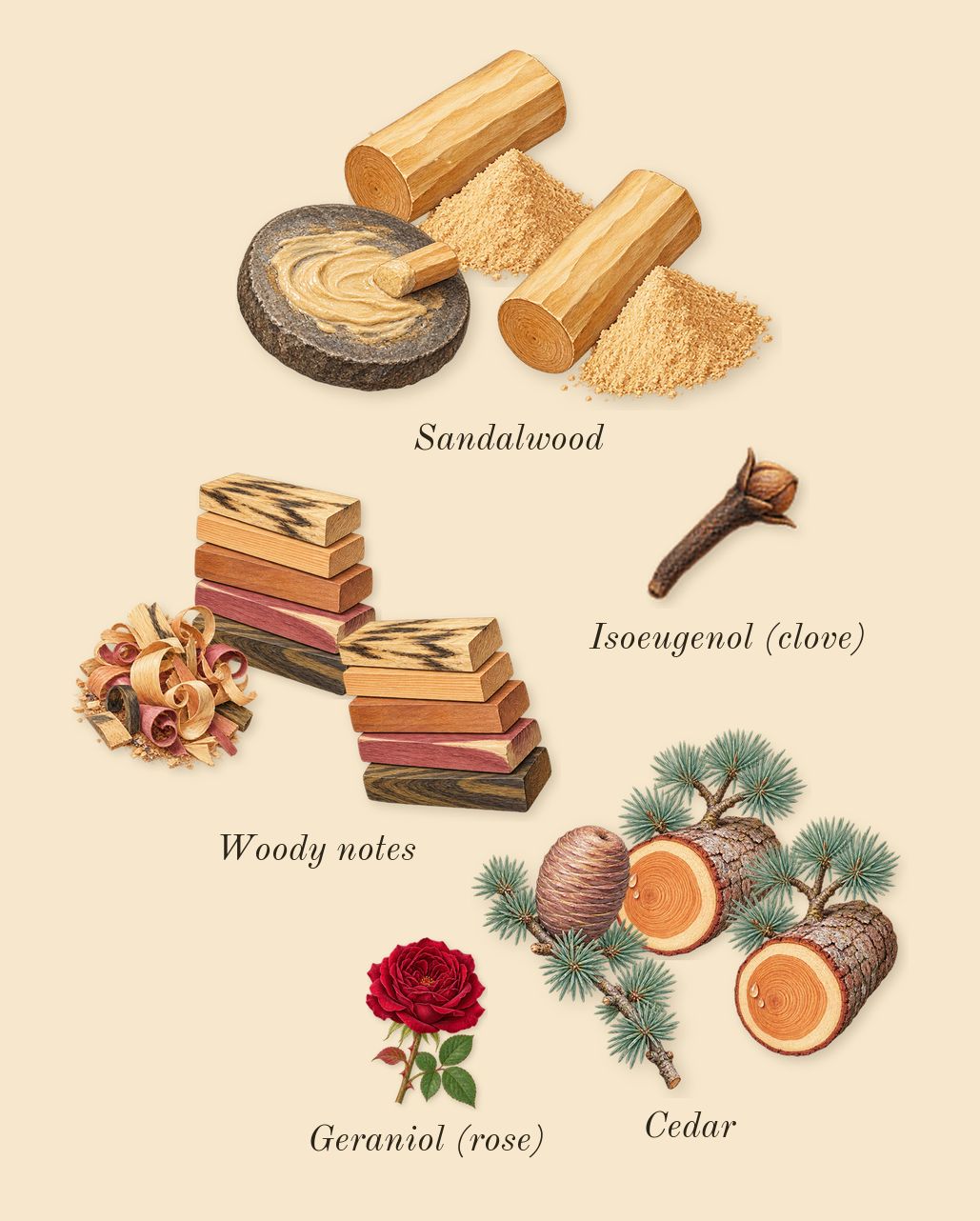 Legend Blue, heart: Woody notes, Cedar, Sandalwood, Geraniol (rose), Isoeugenol (clove)