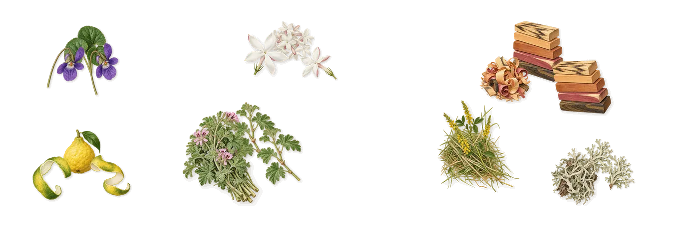 Legend’s scent picture, a draft: bergamot, violet, jasmine, geranium, oakmoss, vibrant wood drawn so far; dashed outlines where nothing is drawn yet
