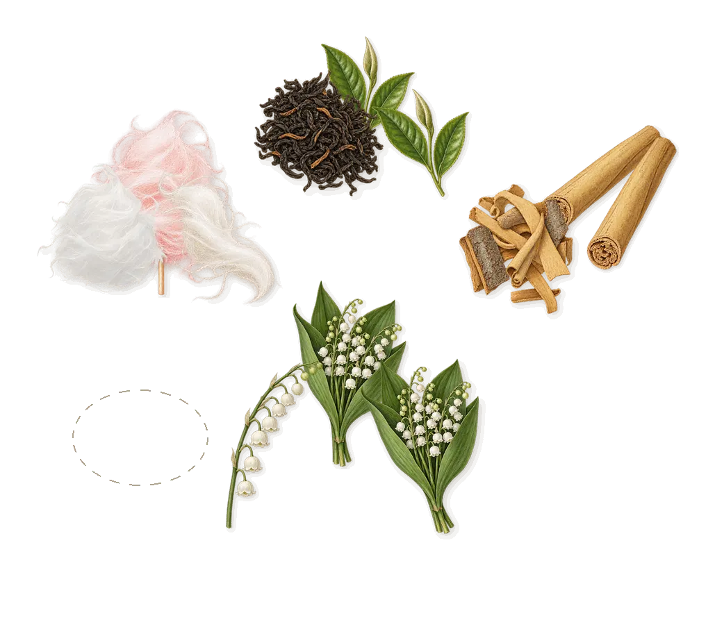 I Love Love, as it settles: Sugar cane, Bulrush, Lily of the valley, Tea, Cinnamon