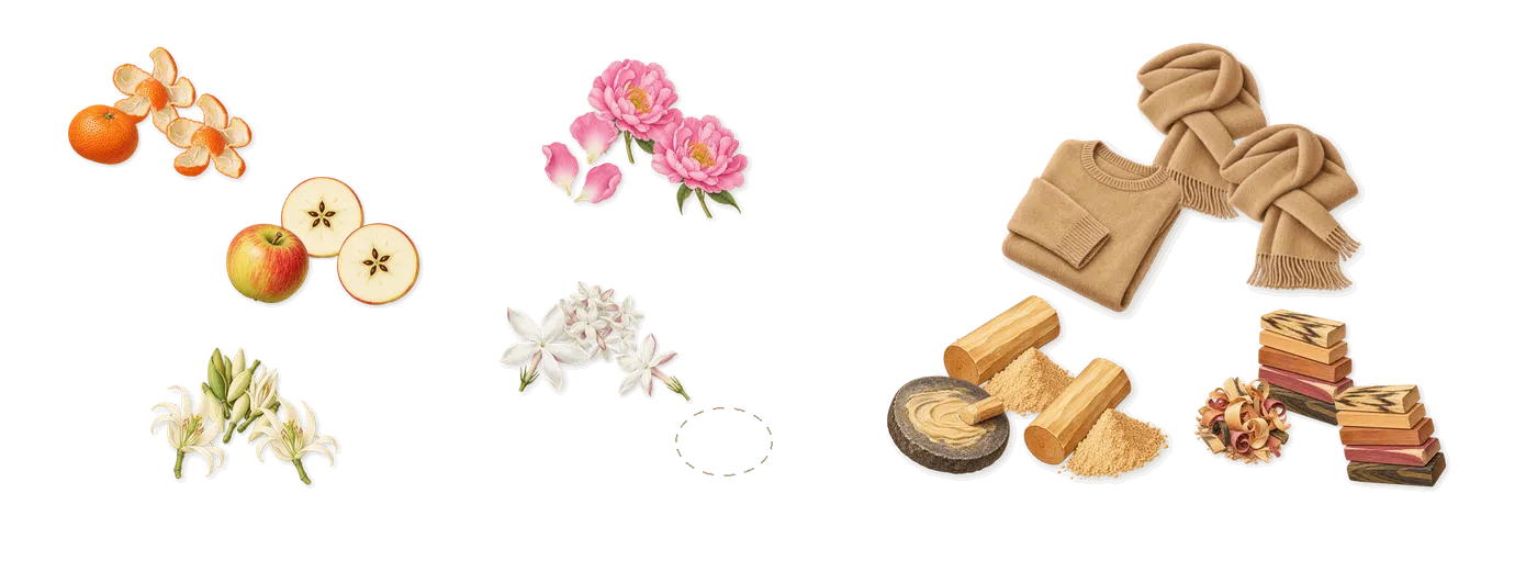 Toy 2’s scent picture, a draft: magnolia, apple, mandarin, peony, jasmine, sandalwood drawn so far; dashed outlines where nothing is drawn yet