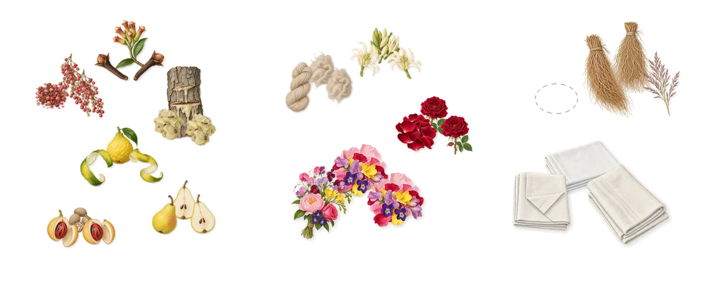 Toy Boy’s scent picture, a draft: bergamot, pink pepper, elemi, nutmeg, pear, clove drawn so far; dashed outlines where nothing is drawn yet