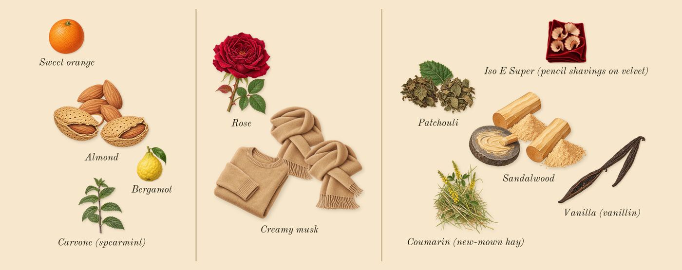 Angel Blush’s scent picture, a draft: almond, creamy musk, sandalwood, vanilla (vanillin), patchouli, bergamot drawn so far; dashed outlines where nothing is drawn yet