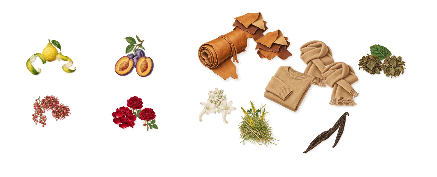 For Her Musc Noir Rose’s scent picture, a draft: bergamot, tuberose, musk, vanilla, pink pepper, plum drawn so far; dashed outlines where nothing is drawn yet