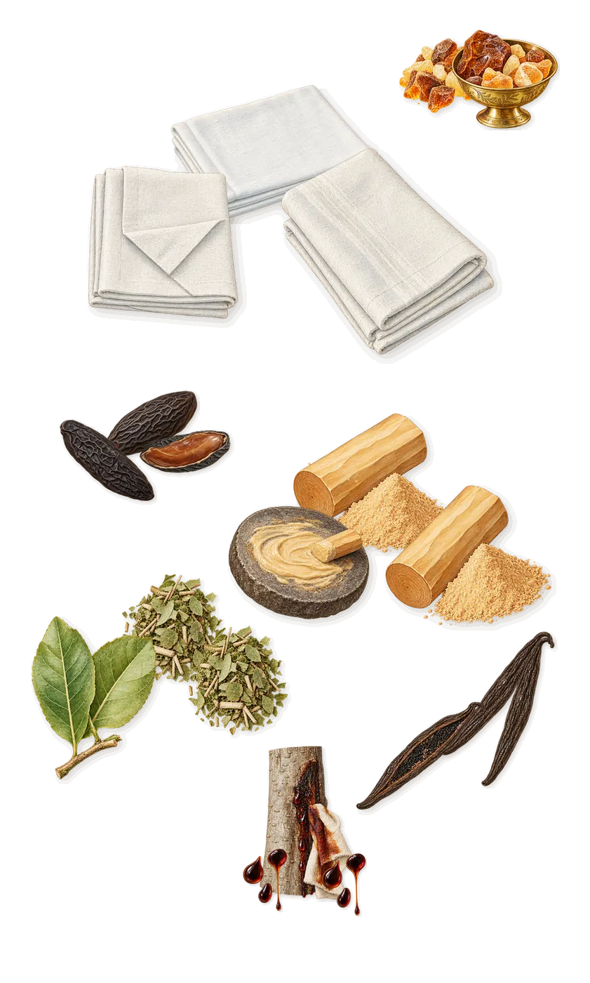 Happy Dust, what stays: Mate, Vanilla, Amber, Sandalwood, White musk, Peru balsam, Tonka