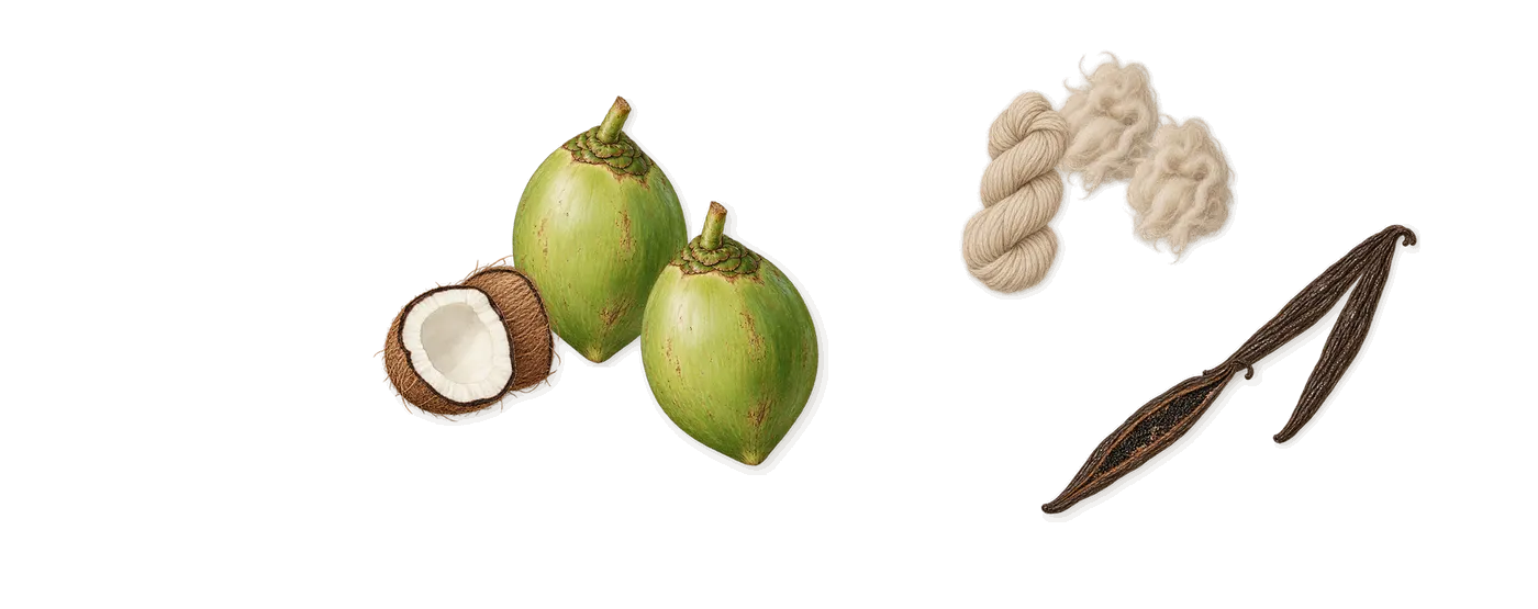 Madagascar Vanilla’s scent picture, a draft: vanilla, coconut, cashmere woods drawn so far; dashed outlines where nothing is drawn yet