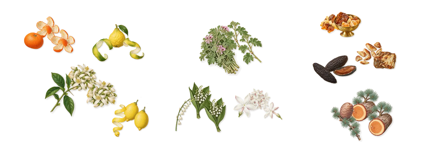 Sculpture Homme’s scent picture, a draft: orange blossom, bergamot, lemon, mandarin, jasmine, lily of the valley drawn so far; dashed outlines where nothing is drawn yet