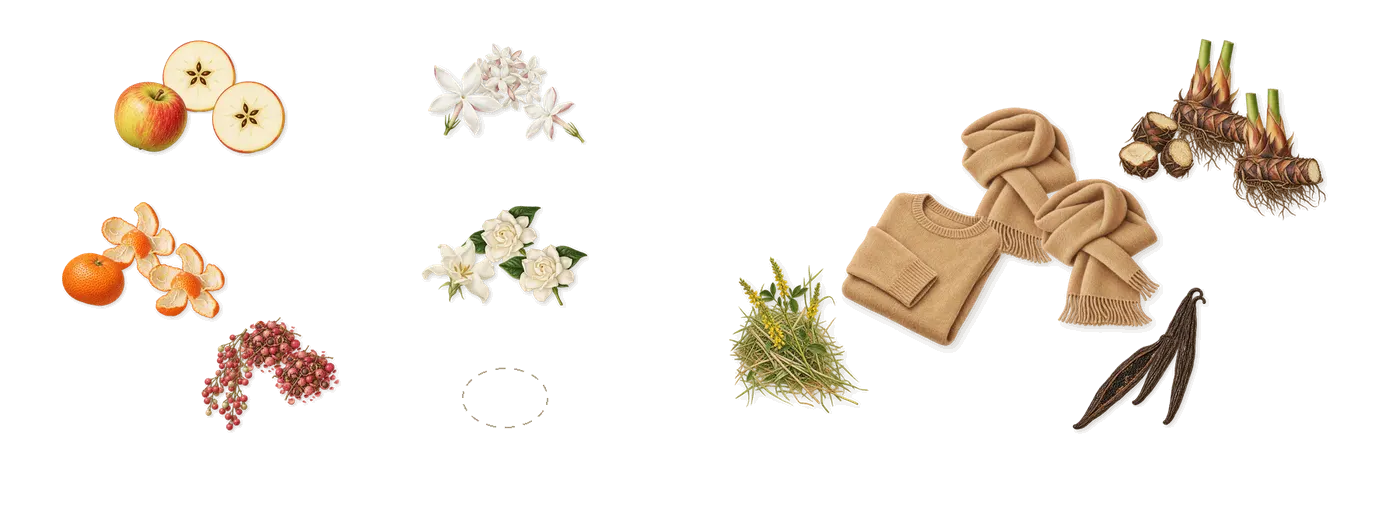 Detour’s scent picture, a draft: mandarin, apple, jasmine, gardenia, skin musk, papyrus drawn so far; dashed outlines where nothing is drawn yet