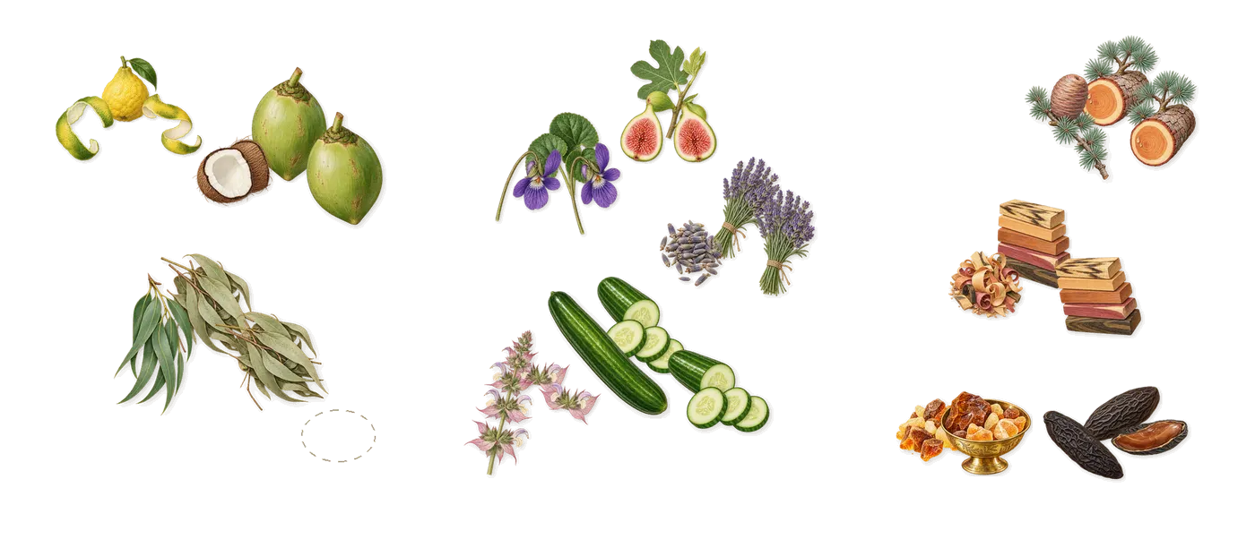 Sh**ty Day’s scent picture, a draft: eucalyptus, coconut, bergamot, fig, clary sage, violet drawn so far; dashed outlines where nothing is drawn yet
