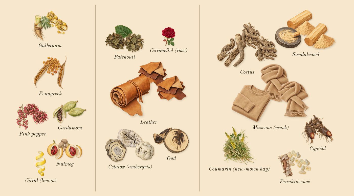 Opus VII Reckless Leather’s scent picture, a draft: galbanum, pink pepper, cardamom, nutmeg, fenugreek, oud drawn so far; dashed outlines where nothing is drawn yet