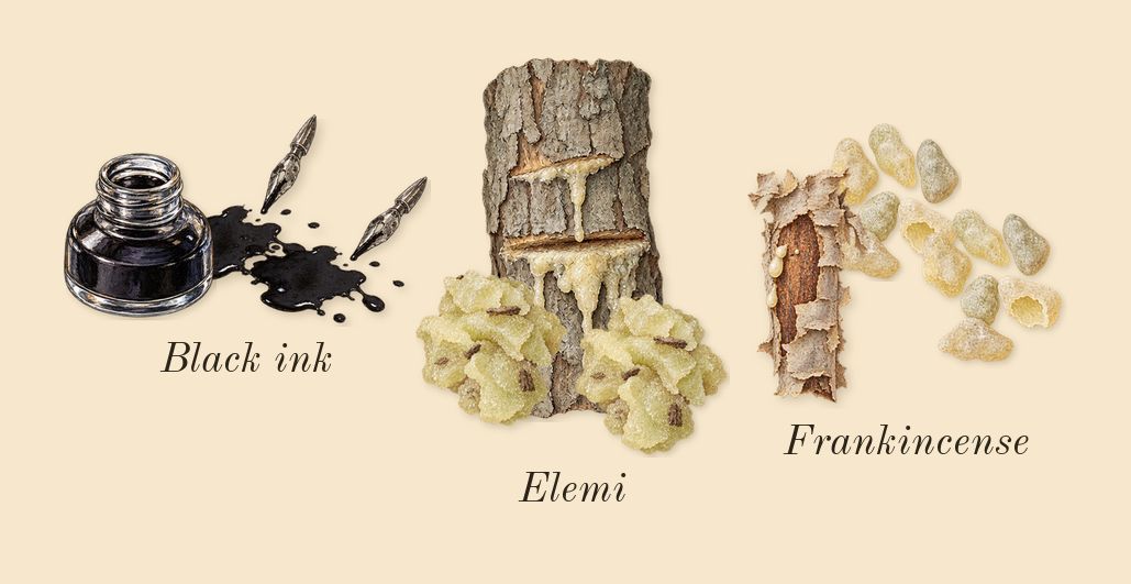 Opus XII Rose Incense, top notes: Elemi, Frankincense, Black ink