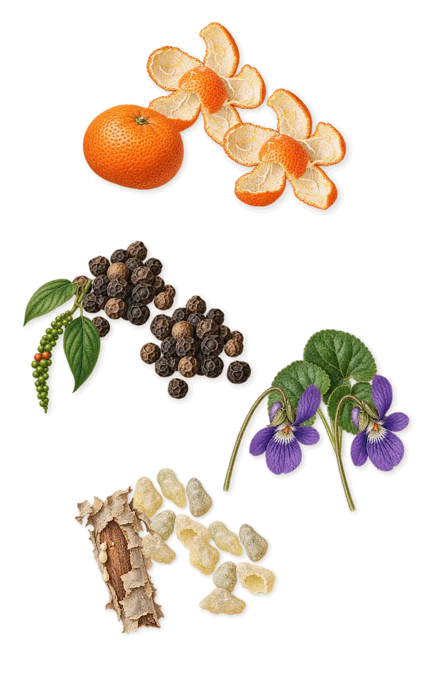 Cuoium, when you spray it: Frankincense, Violet, Mandarin, Black pepper