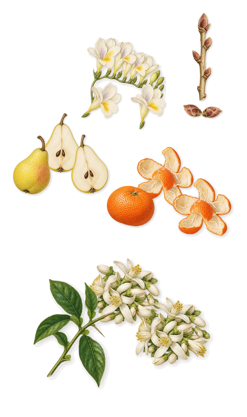 Bella Blanca, when you spray it: Freesia, Pear, Blackcurrant, Mandarin, Orange flower