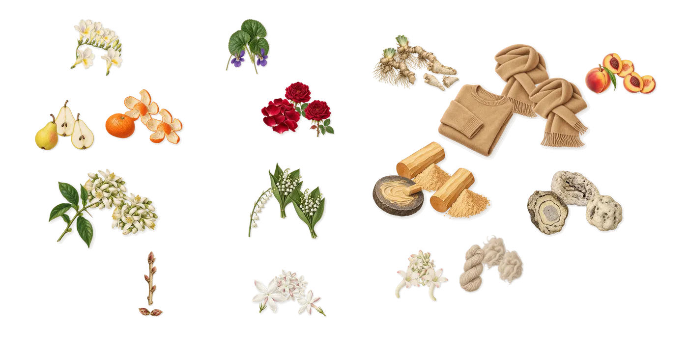 Bella Blanca’s scent picture, a draft: freesia, pear, blackcurrant, mandarin, violet, jasmine drawn so far; dashed outlines where nothing is drawn yet