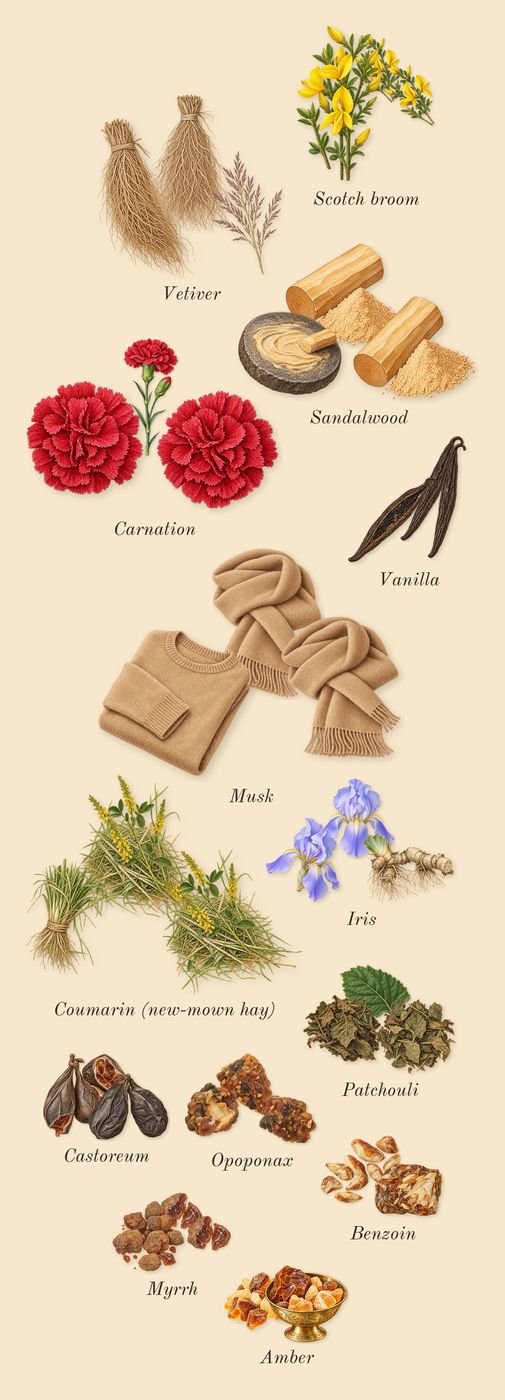 Oscar, dry-down: Opoponax, Carnation, Patchouli, Sandalwood, Amber, Coumarin (new-mown hay), Scotch broom, Iris, Vetiver, Vanilla, Benzoin, Castoreum, Musk, Myrrh
