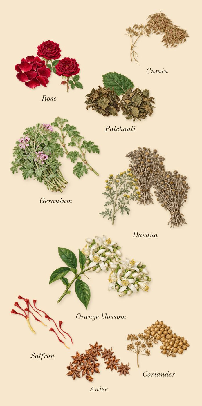 Outlands, heart: Patchouli, Rose, Orange blossom, Cumin, Geranium, Davana, Saffron, Anise, Coriander