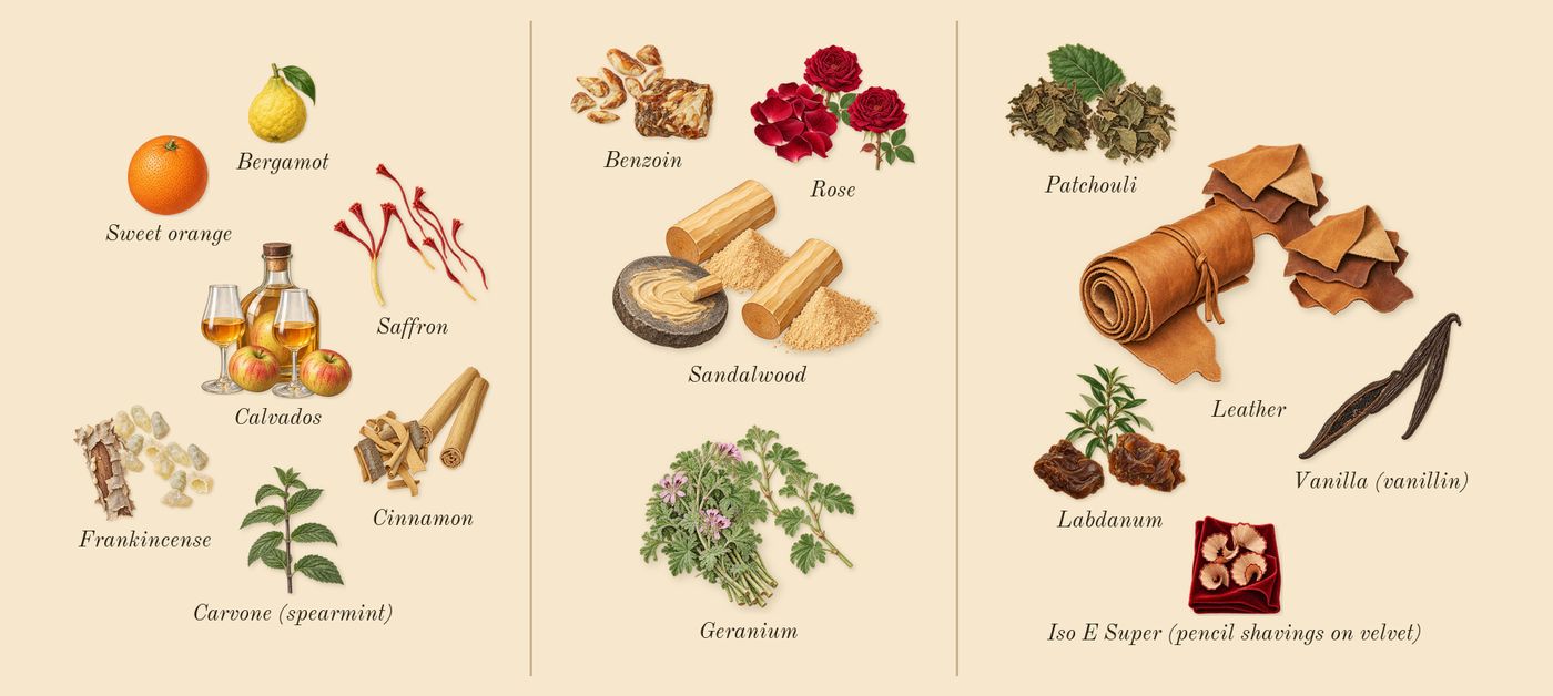 Overture 41’s scent picture, a draft: frankincense, saffron, calvados, cinnamon, benzoin, rose drawn so far; dashed outlines where nothing is drawn yet
