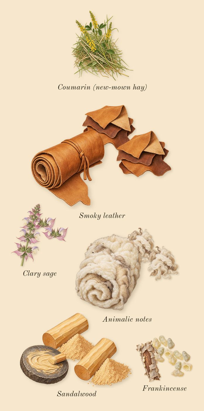 Overture Man, dry-down: Sandalwood, Smoky leather, Clary sage, Animalic notes, Frankincense, Coumarin (new-mown hay)