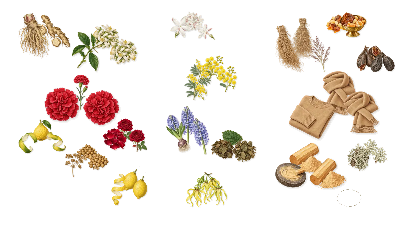 Paloma Picasso’s scent picture, a draft: carnation, coriander, rose, angelica, neroli, bergamot drawn so far; dashed outlines where nothing is drawn yet