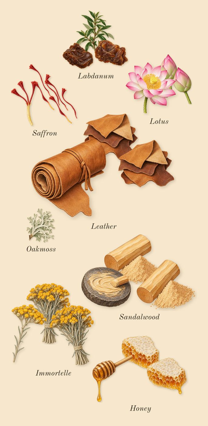 Anubis, dry-down: Lotus, Leather, Immortelle, Saffron, Sandalwood, Labdanum, Honey, Oakmoss