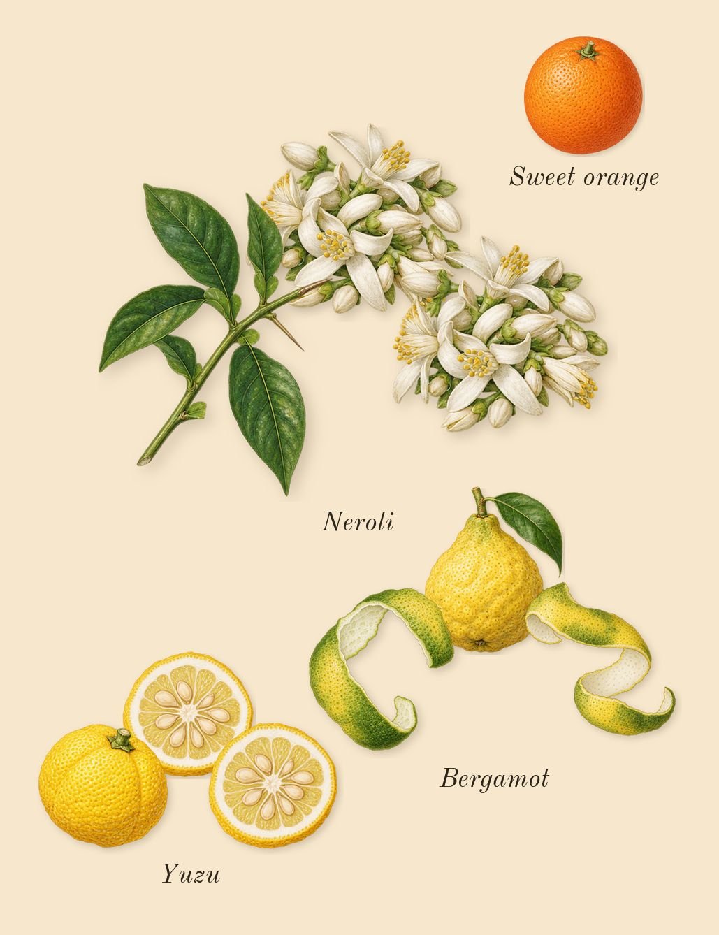 Athénaïs, top notes: Neroli, Bergamot, Yuzu, Sweet orange