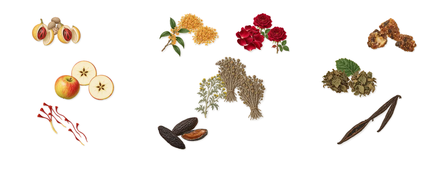 Carlisle’s scent picture, a draft: apple, nutmeg, saffron, tonka (coumarin), rose, osmanthus drawn so far; dashed outlines where nothing is drawn yet