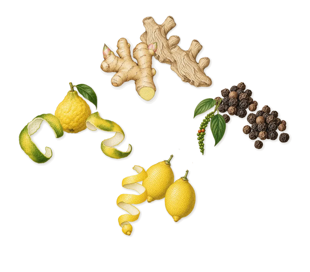 Castley, when you spray it: Bergamot, Ginger, Black pepper, Lemon