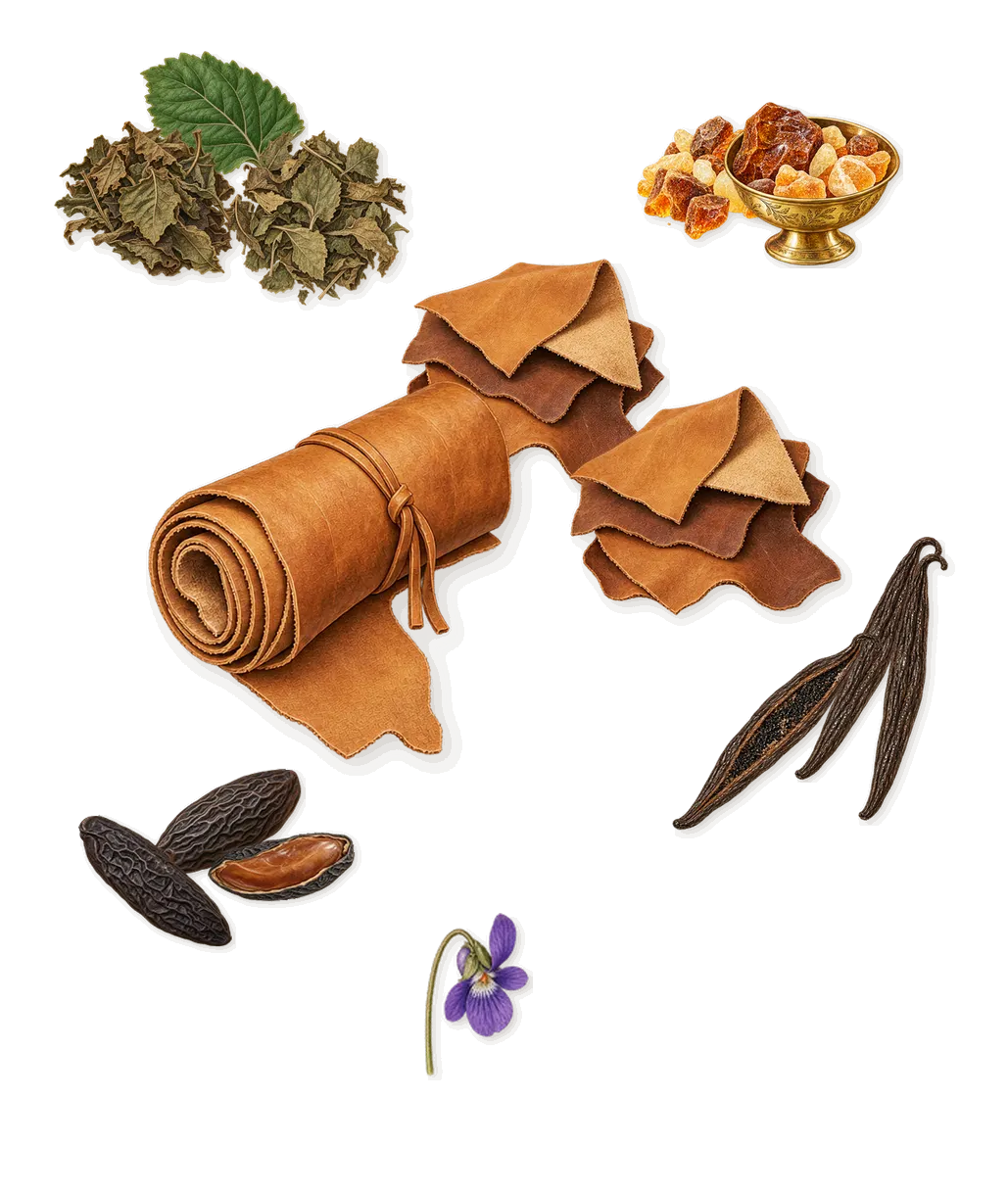 Eragon, what stays: Leather, Tonka (coumarin), Vanilla, Patchouli, Amber, alpha-Isomethyl ionone (violet)