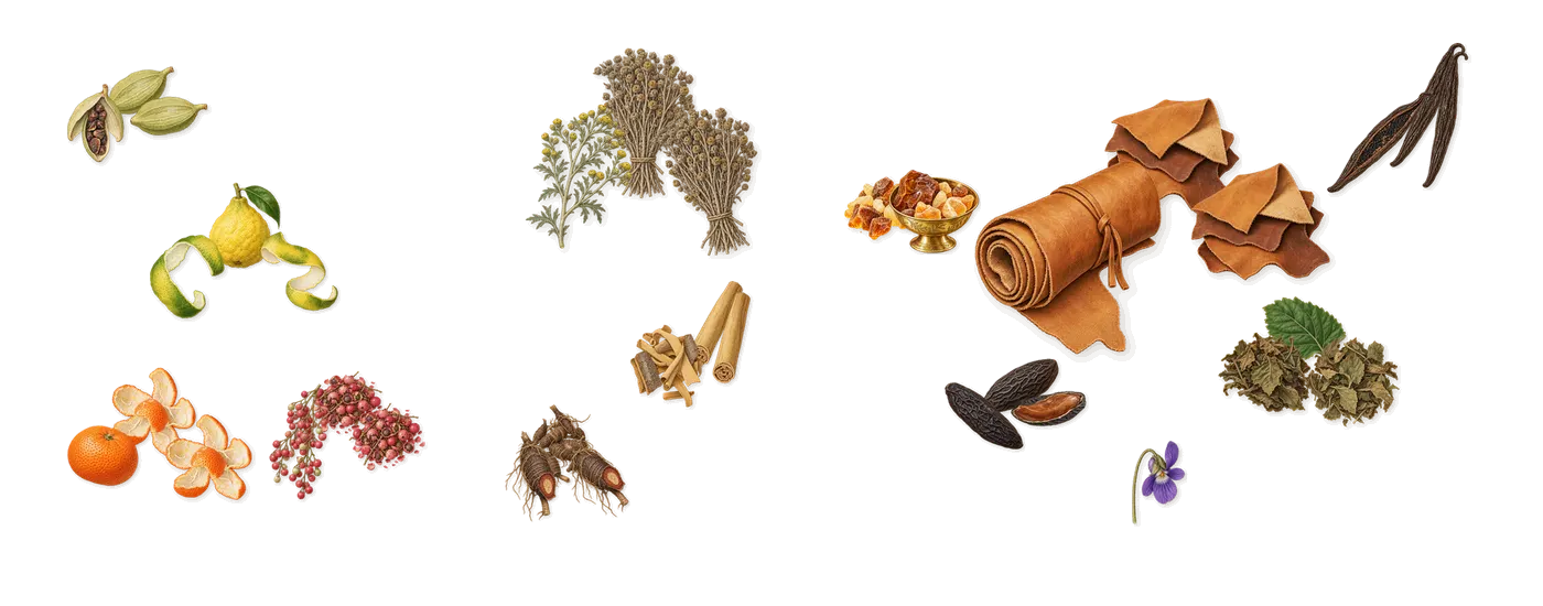 Eragon’s scent picture, a draft: bergamot, pink pepper, cardamom, mandarin, cinnamon, davana drawn so far; dashed outlines where nothing is drawn yet
