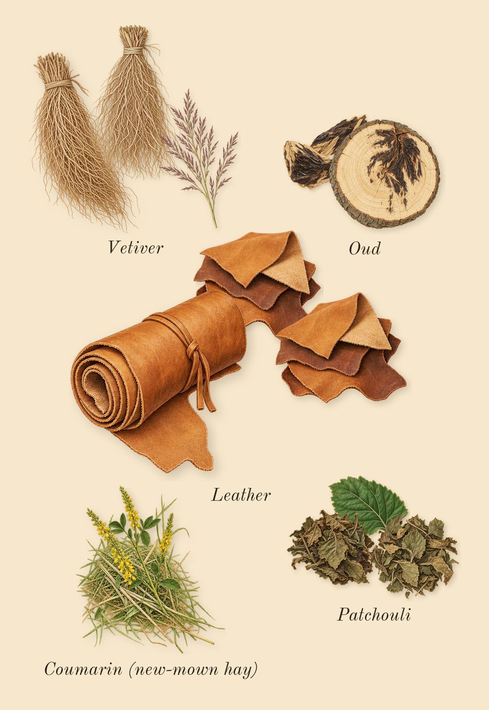 Haltane, dry-down: Oud, Patchouli, Vetiver, Leather, Coumarin (new-mown hay)