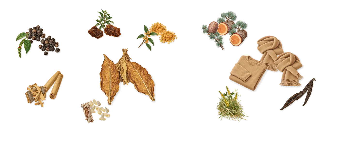 Herod’s scent picture, a draft: cinnamon, black pepper, tobacco, frankincense, labdanum, osmanthus drawn so far; dashed outlines where nothing is drawn yet