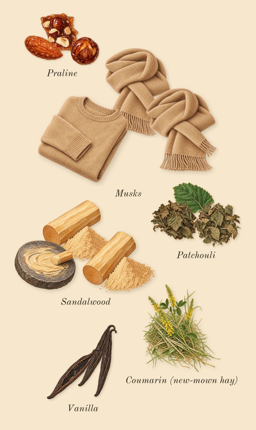 Palatine, dry-down: Sandalwood, Patchouli, Musks, Praline, Vanilla, Coumarin (new-mown hay)