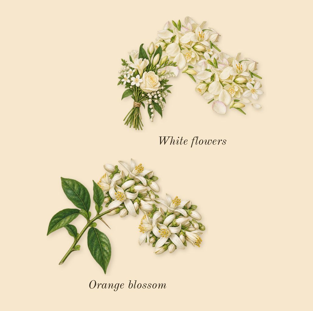 Valaya Exclusif, heart: Orange blossom, White flowers