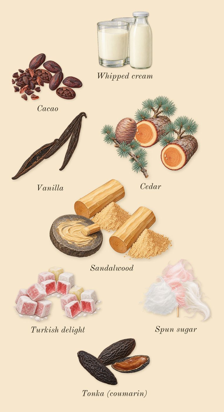 Khair Pistachio, dry-down: Whipped cream, Spun sugar, Turkish delight, Cacao, Cedar, Sandalwood, Tonka (coumarin), Vanilla