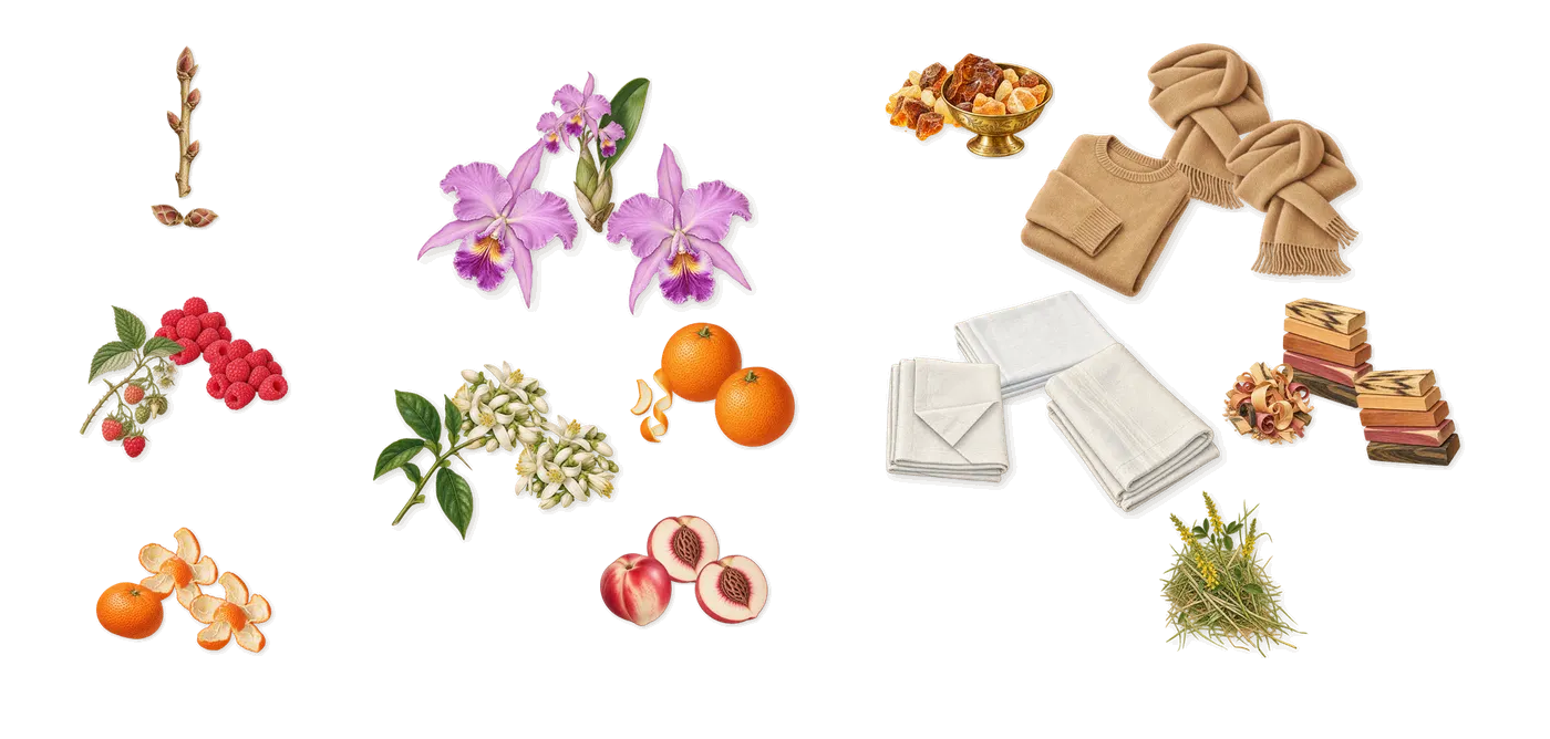 Can Can Burlesque’s scent picture, a draft: mandarin, raspberry, blackcurrant, orchid, sweet orange, musk drawn so far; dashed outlines where nothing is drawn yet