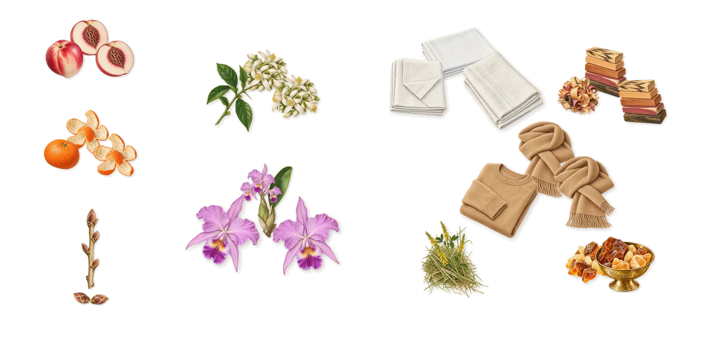 Can Can’s scent picture, a draft: mandarin, blackcurrant, white nectarine, orchid, orange blossom, musk drawn so far; dashed outlines where nothing is drawn yet