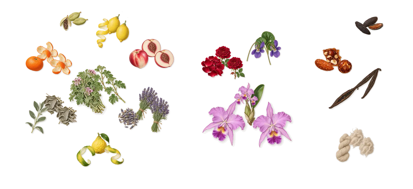 Gold Rush’s scent picture, a draft: white nectarine, lemon, bergamot, orchid, violet, rose drawn so far; dashed outlines where nothing is drawn yet