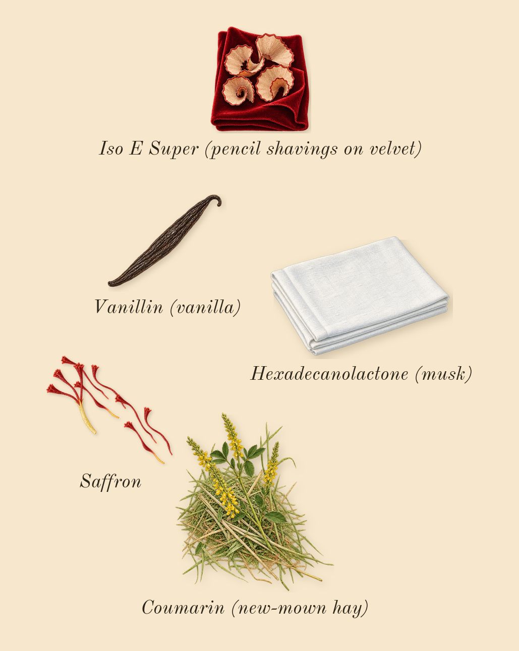 Changing Constance Intense, dry-down: Saffron, Iso E Super (pencil shavings on velvet), Vanillin (vanilla), Coumarin (new-mown hay), Hexadecanolactone (musk)