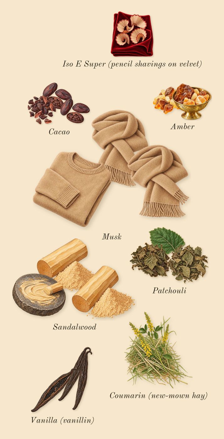 Empressa, dry-down: Patchouli, Vanilla (vanillin), Cacao, Amber, Musk, Sandalwood, Iso E Super (pencil shavings on velvet), Coumarin (new-mown hay)