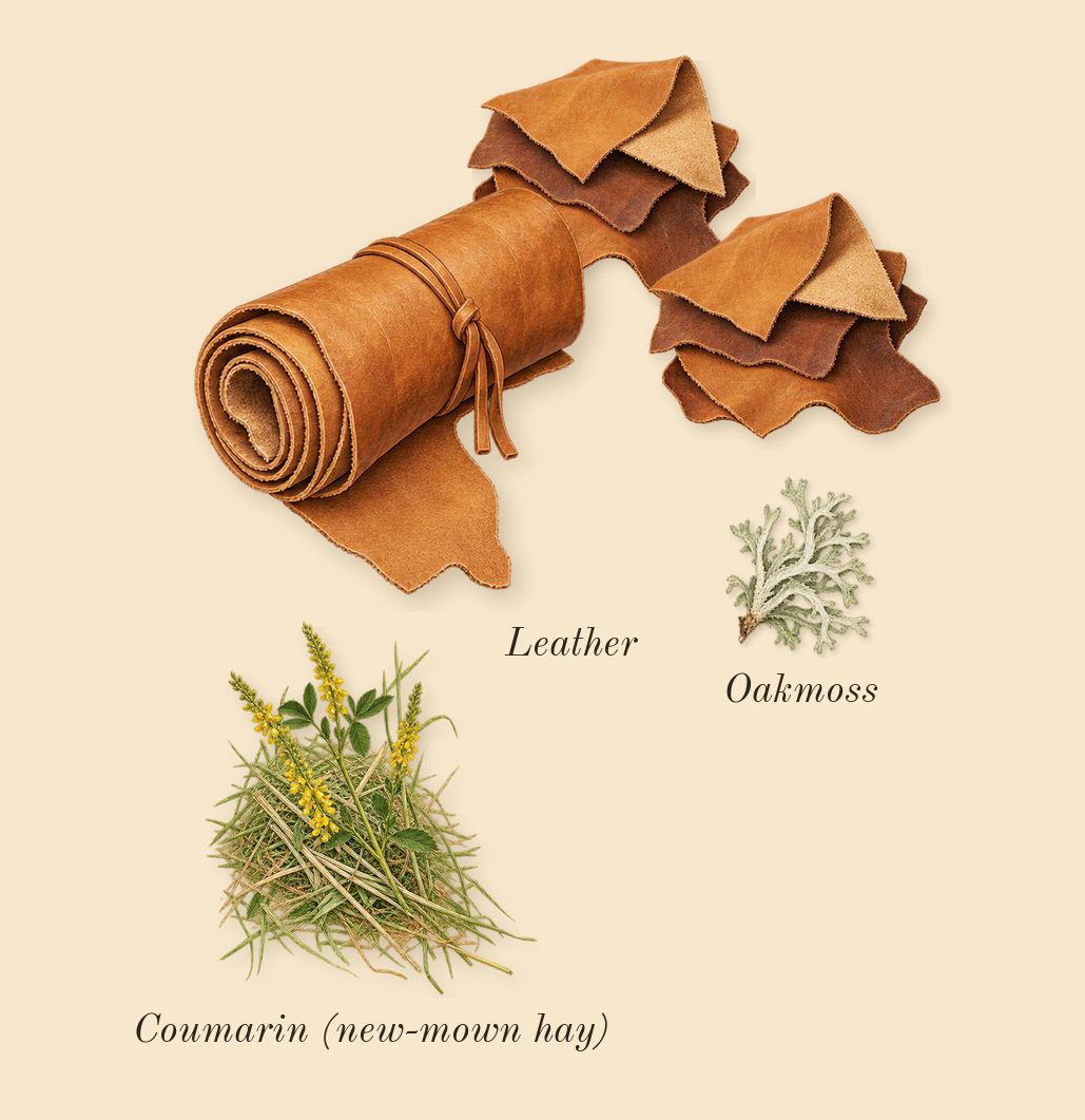 Fortuitous Finley, dry-down: Leather, Oakmoss, Coumarin (new-mown hay)