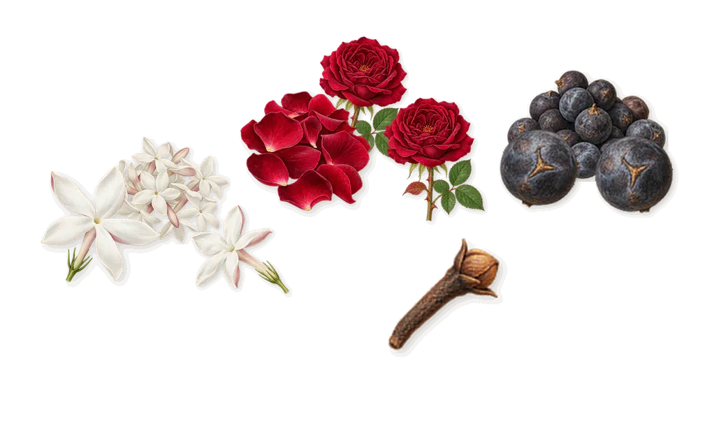 Luna, as it settles: Rose, Jasmine, Juniper, Clove