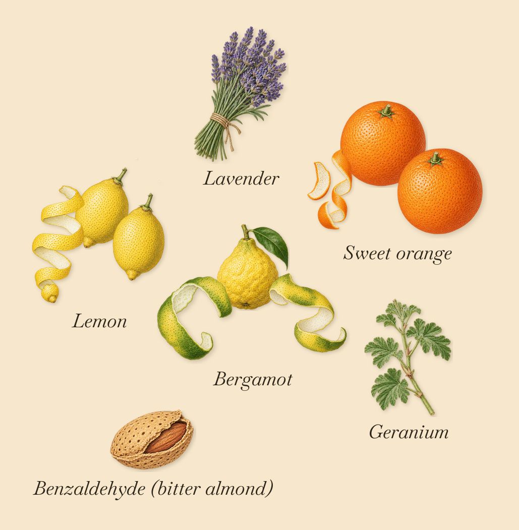 Luna, when you spray it: Bergamot, Lemon, Sweet orange, Lavender, Geranium, Benzaldehyde (bitter almond)