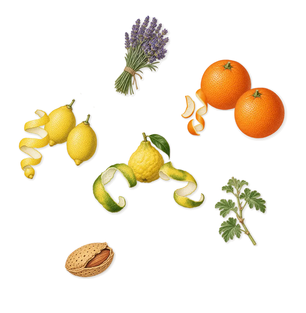 Luna, when you spray it: Bergamot, Lemon, Sweet orange, Lavender, Geranium, Benzaldehyde (bitter almond)