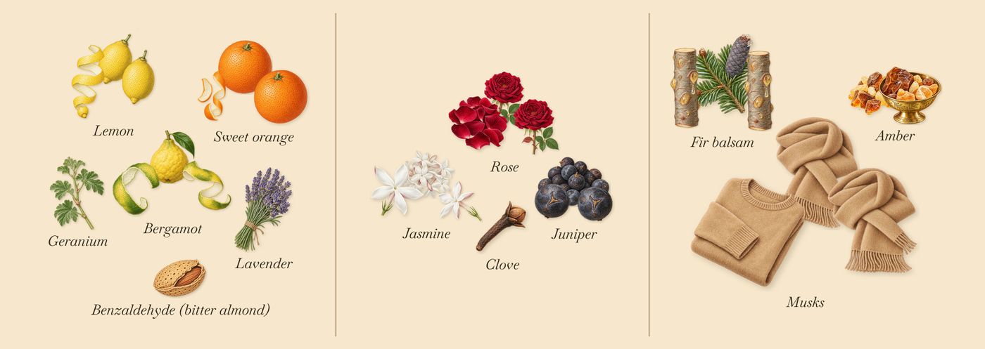 Luna’s scent picture, a draft: bergamot, lemon, sweet orange, rose, jasmine, juniper drawn so far; dashed outlines where nothing is drawn yet