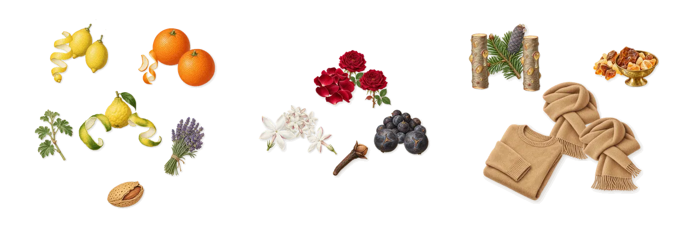 Luna’s scent picture, a draft: bergamot, lemon, sweet orange, rose, jasmine, juniper drawn so far; dashed outlines where nothing is drawn yet