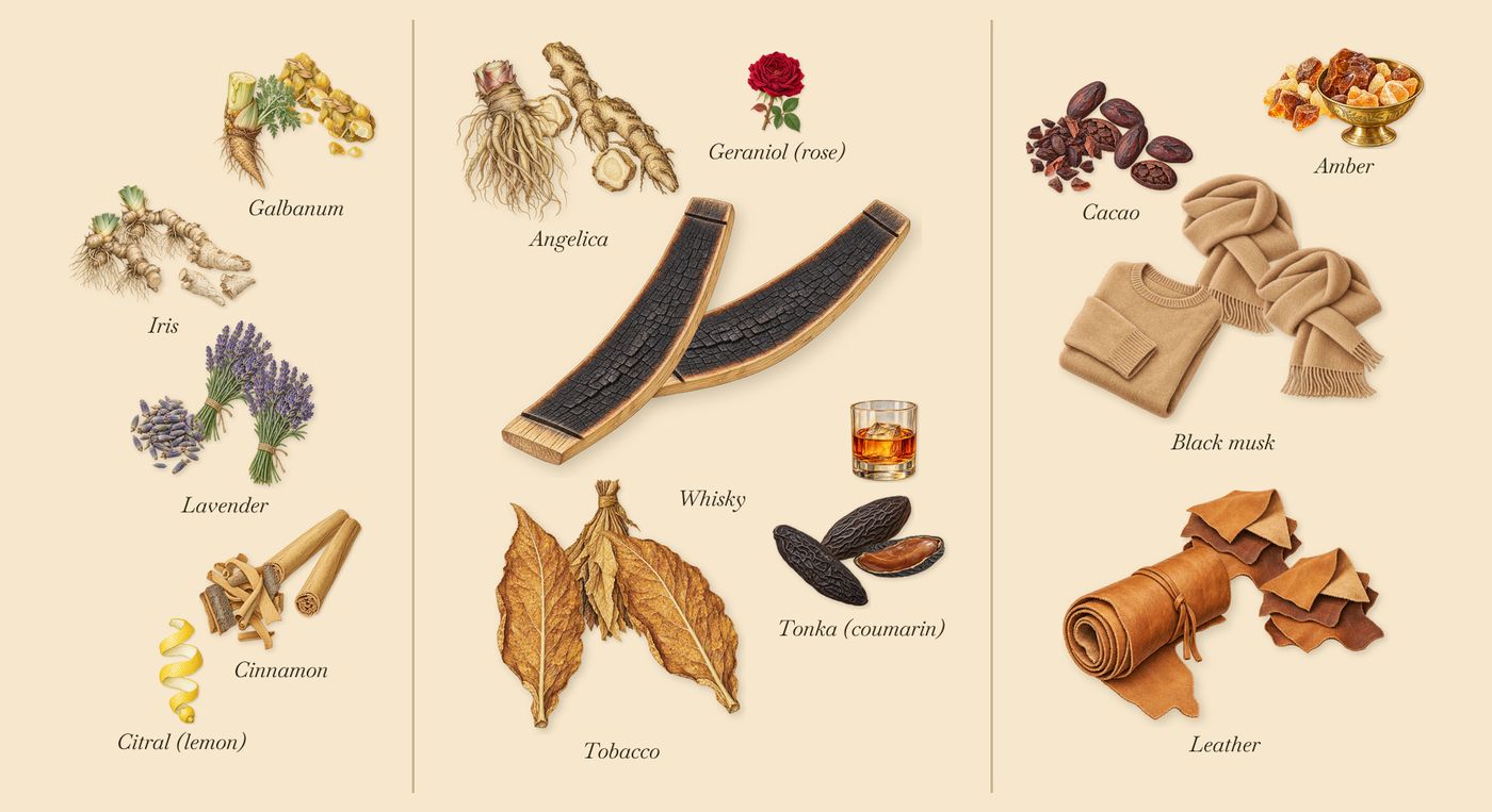 Cosmic Cowboy’s scent picture, a draft: galbanum, cinnamon, iris, lavender, whisky, angelica drawn so far; dashed outlines where nothing is drawn yet