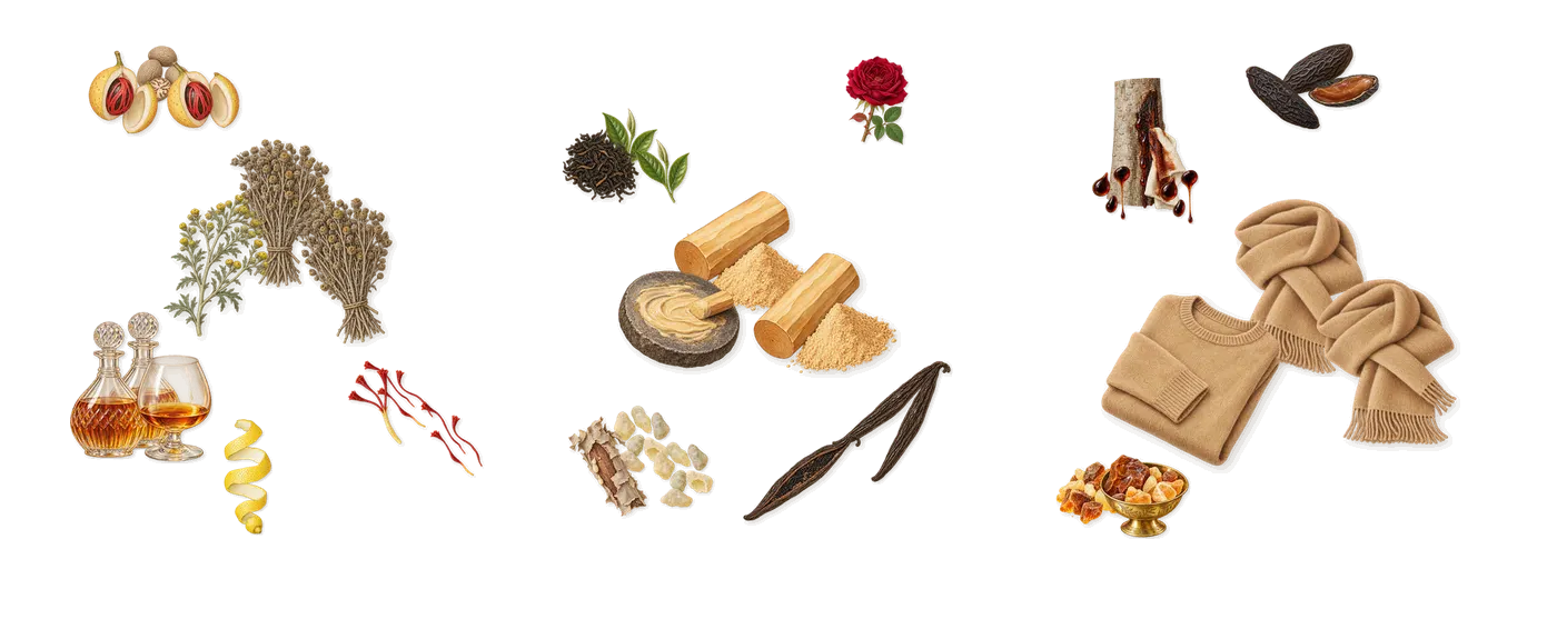 LA LA Love’s scent picture, a draft: cognac, saffron, davana, nutmeg, vanilla, sandalwood drawn so far; dashed outlines where nothing is drawn yet