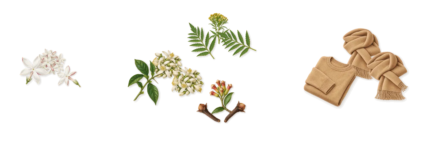 Jasmin de Pays’s scent picture, a draft: jasmine, clove, marigold, musk, orange blossom drawn so far; dashed outlines where nothing is drawn yet