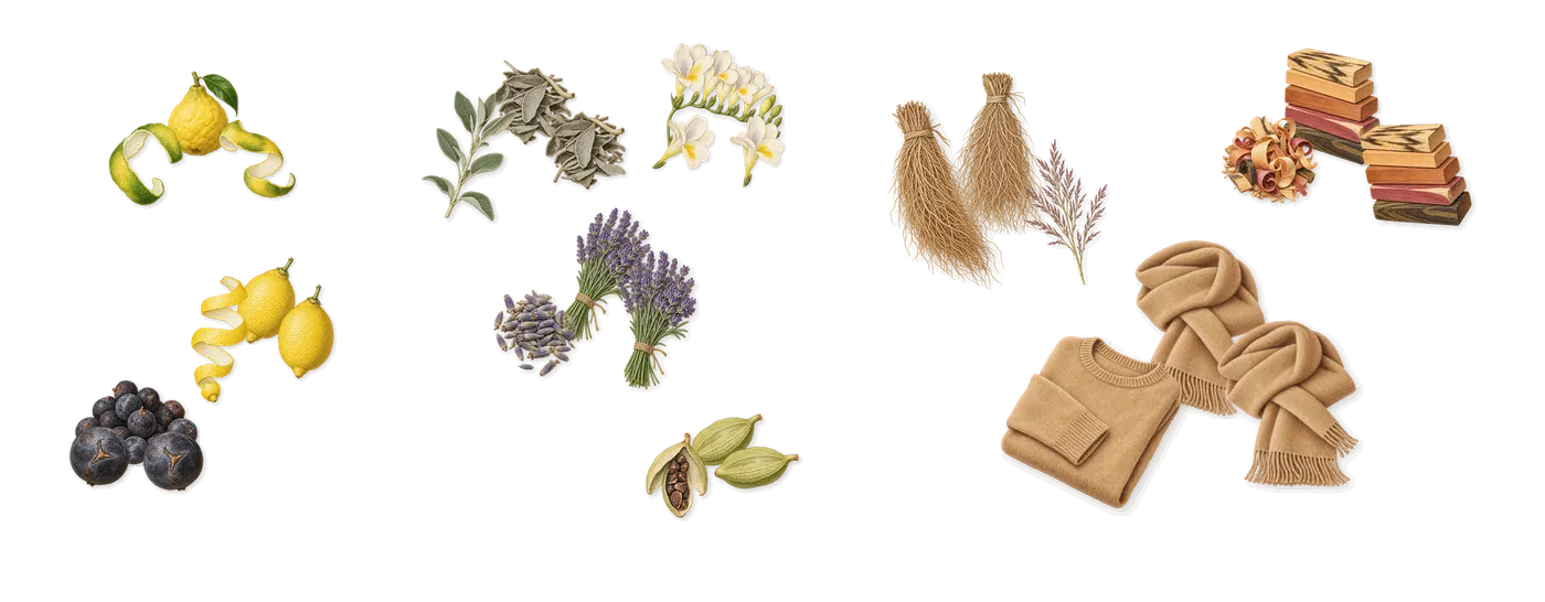360° for Men’s scent picture, a draft: juniper, bergamot, lemon, freesia, cardamom, sage drawn so far; dashed outlines where nothing is drawn yet