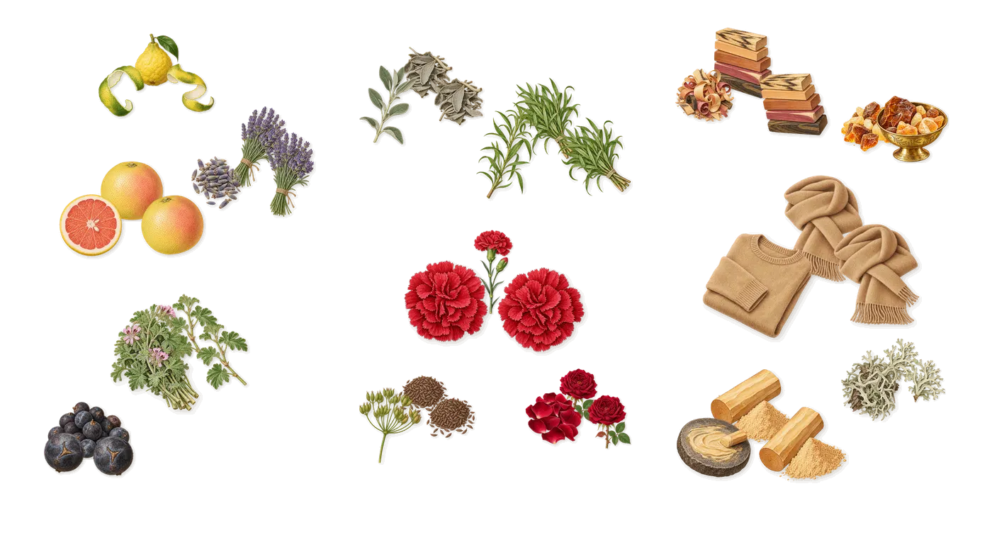 Reserve for Men’s scent picture, a draft: lavender, bergamot, juniper, grapefruit, geranium, rose drawn so far; dashed outlines where nothing is drawn yet