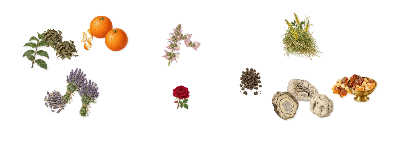 Luna Rossa’s scent picture, a draft: lavender, mint, amber, sweet orange, clary sage, ambrette drawn so far; dashed outlines where nothing is drawn yet